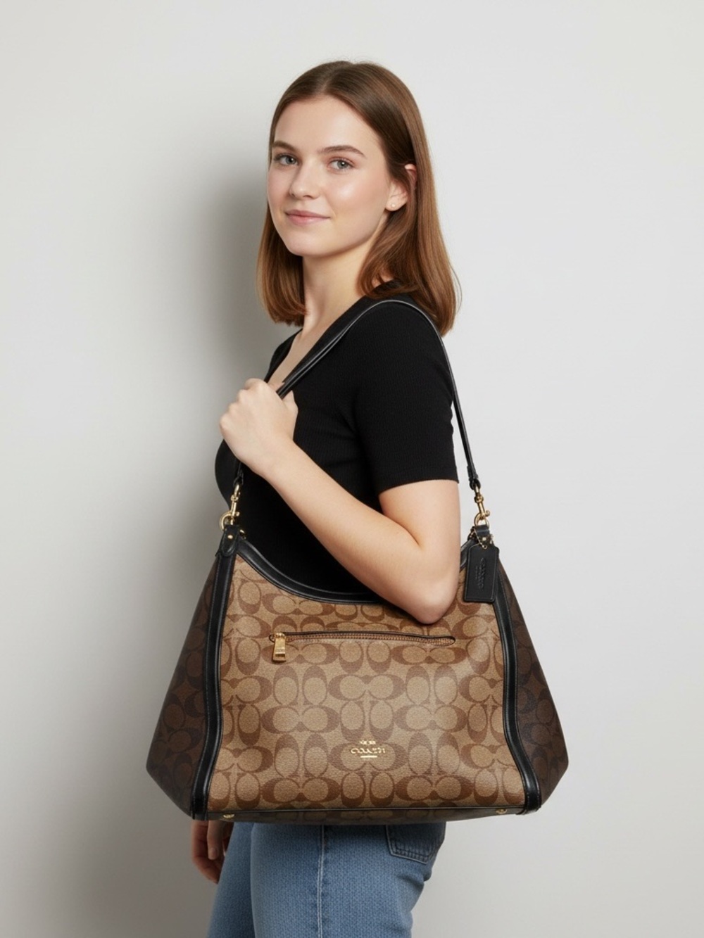 Coach Brown Signature Canvas Shoulder Bag with Black Trim
